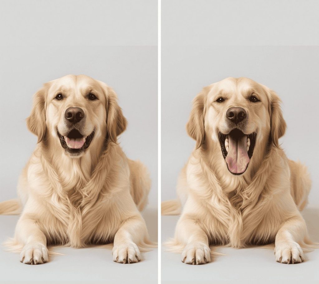 Comparison showing normal dog panting versus excessive heavy panting that requires attention