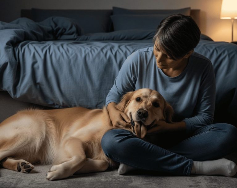 Dog panting at night with concerned owner in bedroom - blog featured image about nighttime breathing issues in dogs