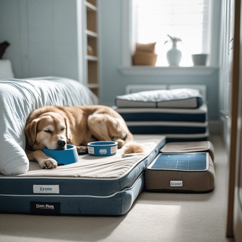 Ideal dog sleeping environment with proper bedding, ventilation, and comfort features to prevent nighttime panting