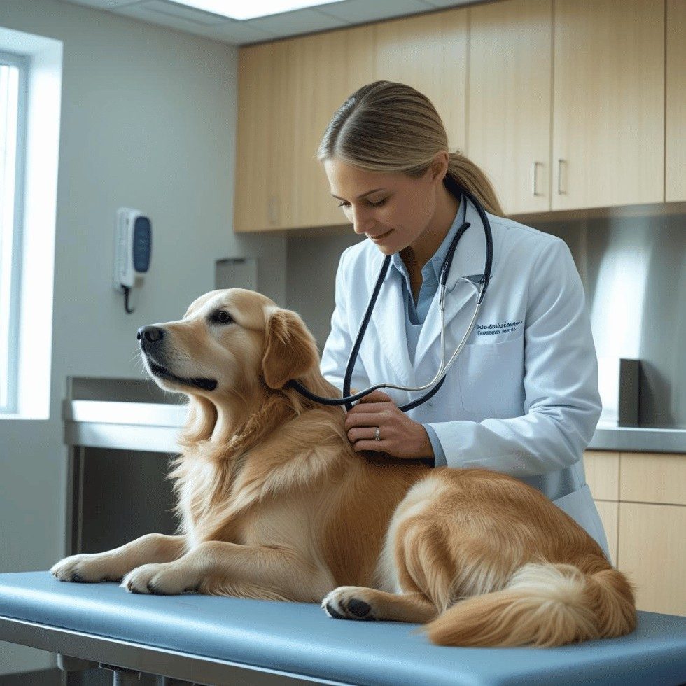 Veterinarian examining dog for breathing issues - professional medical care for nighttime panting problems